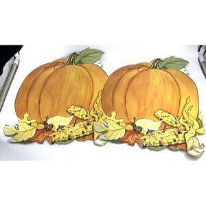 Pumpkin Corn Die Cut Pumpkin Fall Autumn Decor lot of 2 Vintage 13" FLAW